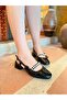Women's Black Patent Leather Pearl and Bow Detail Open Back Low Heeled Mary Jane Shoes - 2