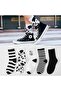 Women's 5 Pairs Black and White Cow Pattern Striped Tennis Socks