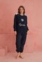 Navy Blue Smile Polka Dot Print Crew Neck Plush Fleece Pajamas Suit - 2