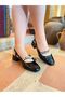 Women's Black Patent Leather Pearl and Bow Detail Open Back Low Heeled Mary Jane Shoes - 3