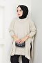 Women's Beige Hijab Knitwear Oversized Slit Sweater - 2