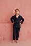 Navy Blue Point Patterned Front Buttoned Fleece Pajama Set - 3