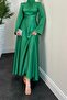 Grass Green Satin Dress - Violet Spanish Sleeve, Waist Tie - 3