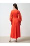 Satin Dress with Embroidered Sleeves Coral - 5