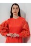Satin Dress with Embroidered Sleeves Coral - 8