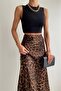 Women's Brown Leopard Midi Satin Skirt