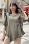 Star Sequin Short Sleeve Asymmetrical Linen Blouse - 4