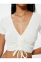 Textured Crop T-Shirt - Deep V Neck and Tie Detail - 5
