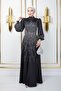 Satin Hijab Evening Dress with Stoned Peas on the Front Black 1670 - 2