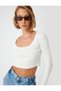 Long Sleeve Crop T-Shirt Ribbed Deep Round Neck Cotton Slim Fit