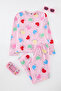 Pembe Yumuşak Dokulu Kız Çocuk Kalp Baskılı Örme Pijama Takım TKDAW25AU00130 - 2