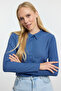 Indigo Buttoned Fitted Polo Collar Wrinkled/Textured Cropped Knitted Blouse Twoaw22Bz0241 - 2