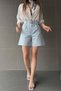 Women's Blue Bird's Eye Belted Wide Leg Boyfriend Fit Gabardine Shorts Bcdf-233500 - 5