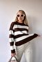 Crew Neck Striped Soft Knitwear Women's Sweater - Brown BC231035 - 3