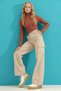 Beige Cargo Loose Back Pocketless Lycra Super High Waist Jean Trousers - 2