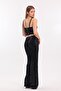 Lined Elastic Wide Leg Sequined Plus Size Evening Dress Pants |   Pnt34693 Black Black - 3