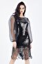 Organza Sequined Evening Dress with Sleeves Black - 3