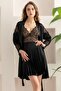 2-Piece Long-Sleeved Black Color Satin Nightgown Set with Lace Details on the Sleeves 15232 - 4