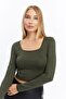 Women's Khaki Square Neck Long Sleeve Crop Blouse - 2