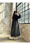 Black Combed Cotton Top and Woven Bottom Oversize Long Sleeve Long Dress 28169 - 7