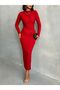 Women's Red Draped Detail Long Dress - 3