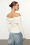 Ekru*001 Carmen Yaka Renk Bloklu Fitted/Vücudu Saran Triko Kazak TWOAW25KZ00170 - 5