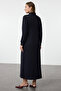 Navy Blue Buttoned Shirt Collar Knitted Dress Tctaw25Eb00101 - 5