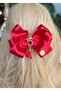 Luxury Design No5 Stone Metal Brooch Pendant Satin Layered Bow Red Automatic Clip Clasp