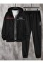 Paris Cardigan Sweatpants Jogger - Black Printed Tracksuit Set Zippered Hoodie