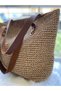 Brown / Cream Colored Straw Bag with Internal Lining Pocket - 2