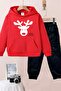 Deer Printed Hooded Fleece Inside Unisex Red Children's Tracksuit Set