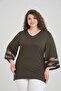 Khaki Women's Plus Size Collar Stone Detailed Three-Quarter Sleeve Blouse - 6