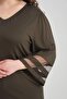 Khaki Women's Plus Size Collar Stone Detailed Three-Quarter Sleeve Blouse - 3