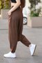 Women's Brown Elastic Waist and Cuffs, Pocket Detail, Vintage Style Loose Cotton Knitwear Shalwar Trousers - 4