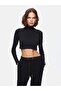 Thin Ribbed Stand Collar Black Sweatshirt - 2
