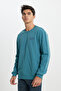 Regular Fit Regular Cut 100% Cotton Crew Neck Turquoise Sweatshirt - 2