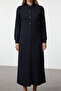 Navy Blue Buttoned Shirt Collar Knitted Dress Tctaw25Eb00101 - 4