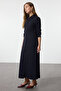 Navy Blue Buttoned Shirt Collar Knitted Dress Tctaw25Eb00101 - 2