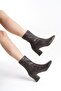 Women's Dark Brown Stretch High Heel Blunt Toe Blunt Heeled Boots - 3