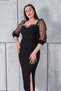 Women's Sweetheart Neckline Spaced Pearl Detail Sleeve Patterned Tulle Front Slit Stretchy Plus Size Evening Dress - 3