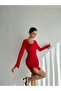 Long Sleeve V Gathered Sandy Dress - Slit Detail - 2
