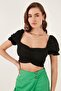 Slim Fit Gather Detailed Heart Collar Crop Blouse BLUZ5865601 - 4