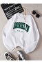 Brooklyn Ny White Printed Oversize Thick Winter Sweatshirt - Raised Crew Neck