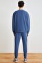 Walfred Men's 100% Organic Cotton 3 Thread Ribbed Free Front Ribbed Navy Blue Sweatpants - 4