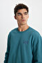 Regular Fit Regular Cut 100% Cotton Crew Neck Turquoise Sweatshirt - 4