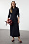 Navy Blue Buttoned Shirt Collar Knitted Dress Tctaw25Eb00101