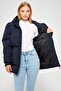 Women's Navy Fiber Hooded Windproof Puffer Winter Coat - 6