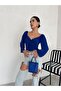 Women’s Cobalt Long Balloon Sleeve Front-Cross Ruched Sandy Fabric Cropped Blouse