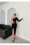 Single Sleeve Low Waist Waist Band Detailed Asymmetrical Collar Side Gathered Slit Long Dress - 4