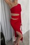 Single Sleeve Low Waist Waist Band Detailed Asymmetrical Collar Side Gathered Slit Long Dress - 3